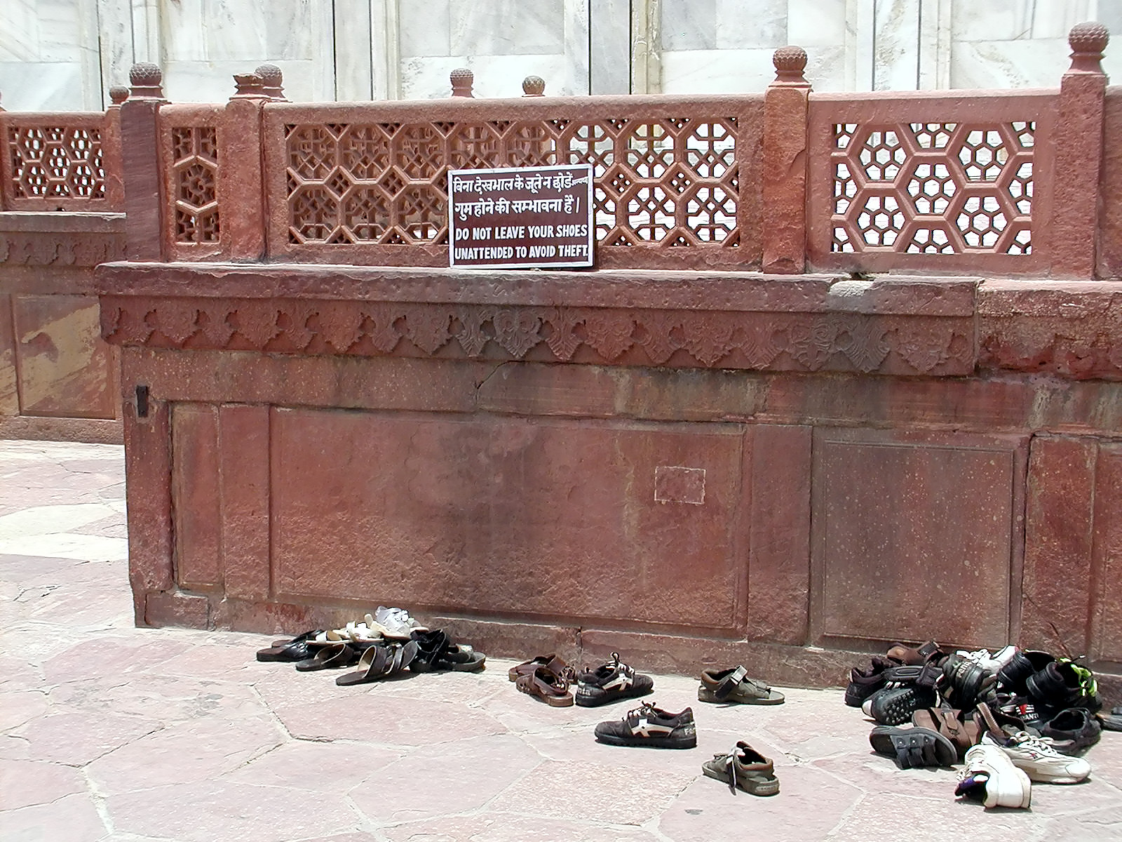 10-Jun-2001 12:30 - Agra - The Taj Mahal - Do not leave shoes unattended - Shoes needed to be removed or covered before entry to the Mausoleum