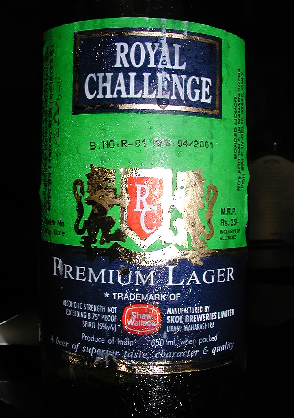 13-Jun-2001 19:31 - New Delhi - Royal Challenge beer label